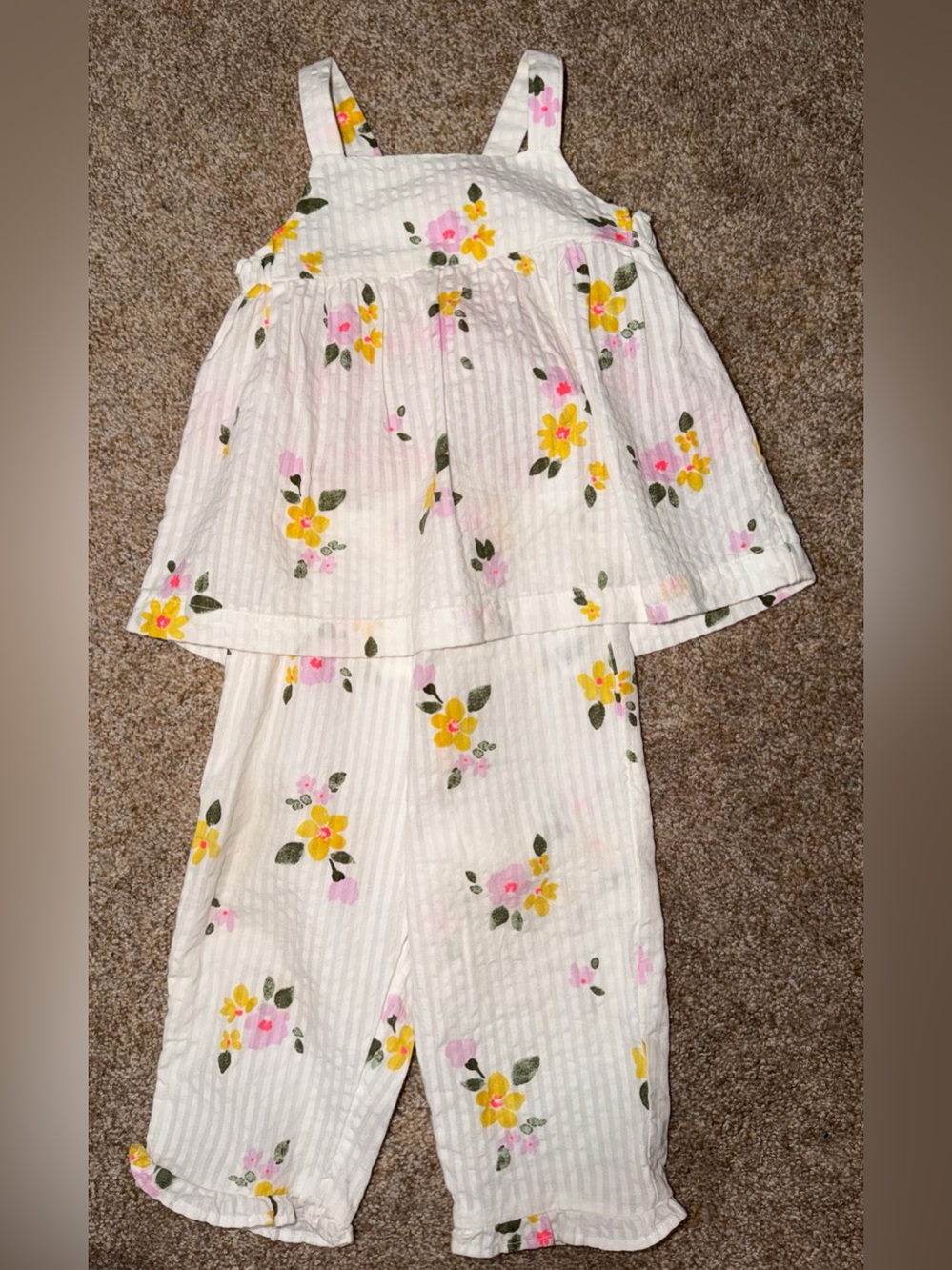 Cat & Jack White Floral Two-Piece Shirt&Pant Set with Yellow & Pink Flowers